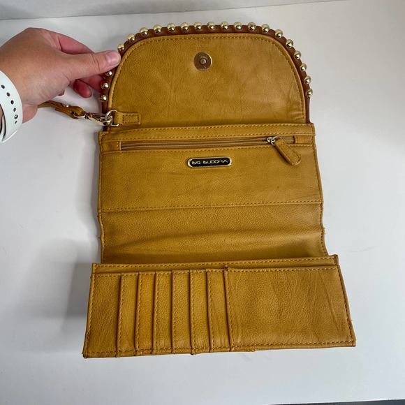Big Buddha Cognac Brown Tan Studded Wristlet Clutch Large Wallet Purse Bag - Picture 6 of 11